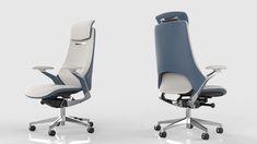 two office chairs sitting side by side, one in white and the other in blue