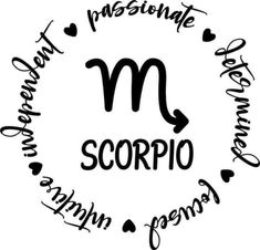 the zodiac sign for scorpio is surrounded by handwritten words and hearts