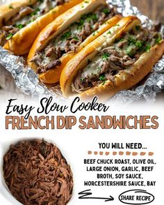 an advertisement for the easy slow cooker french dip sandwiches with beef and onions in foil