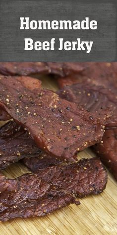 homemade beef jelks on a cutting board with text overlay that reads homemade beef jelk