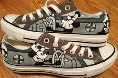 Please like my fb page to see more designs not on Etsy! https://www.facebook.com/pages/Candys-Custom-Paints/154411011389296  I use real Converse brand shoes. Beware of other sellers that are much cheaper because they may use a knock off. I want to provide a good quality shoe to all my customer... Custom Converse Shoes, Mickey Mouse Shoes, Steamboat Willie, Custom Converse, Disney Shoes, Hand Painted Shoes, Painted Shoes, Diy Shoes