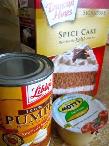 the ingredients to make pumpkin spice cake are on the counter next to an empty can