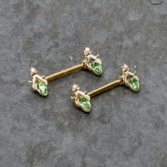 14 Gauge 9/16 Green Gem Gold Hue Spring Shades Barbell Nipple Ring Set - Surgical Grade Stainless Steel - Body Candy Xoxo Jewelry, Piercing Rings, Pretty Jewelry Necklaces, Green Gem, Ankle Chain