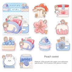 an assortment of stickers with animals and cakes