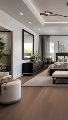 a modern bedroom with white walls and wood flooring is pictured in this artist's rendering