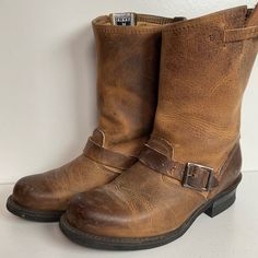 In Good Used Condition. Size 9 M. Rustic Moto Boots With Reinforced Toe For Fall, Rustic Reinforced Toe Moto Boots For Fall, Rustic Leather Moto Boots With Round Toe, Classic Medium Width Moto Boots, Rustic Moto Boots With Leather Footbed And Snip Toe, Rustic Moto Boots With Leather Sole, Rustic Oiled Leather Moto Boots With Round Toe, Rugged Moto Boots With Round Toe, Western Oiled Leather Moto Boots With Round Toe