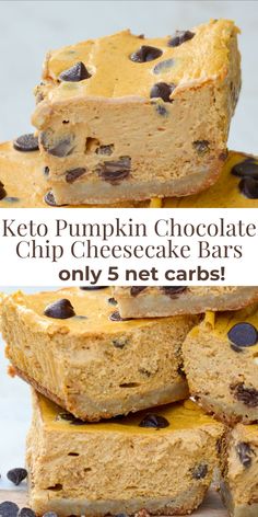 keto pumpkin chocolate chip cheesecake bars stacked on top of each other