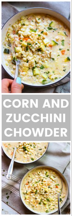 corn and zucchini chowder in a skillet with the title above it