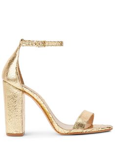 gold-tone calf leather metallic finish open toe buckle-fastening ankle strap branded footbed 110mm block heel leather sole Tone Calves, Sandals Gold, Demi Fine Jewelry, Boots And Sneakers, Flat Boots, Fine Earrings, Ballet Flat Shoes, Pump Sandals, Metallic Leather