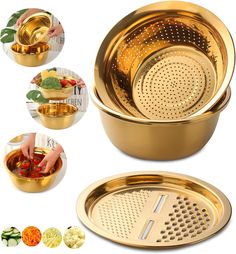 four different types of strainer bowls with various pictures showing them in the bottom and bottom