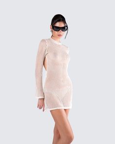 Sometimes less is more 🤍 This ivory mini dress is the perfect simple, yet chic look to dress up or down. Made from open knit fabric, and complete with a mock neck, long sleeves, a bodycon style, open back detail, and center back neck buttons 😌 Leave little to the imagination -- dress is sheer & undergarments are not included 👀 Elegant Open Knit Mini Dress, Fitted Open Knit Crochet Mini Dress, White Open Knit Casual Mini Dress, White Knit V-neck Mini Dress, Fitted Bohemian Off-white Mini Dress, White Corset Dress, Chain Dress, Yellow Mini Dress, White Corset