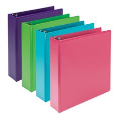 five colored binders in different colors and sizes, each with a clipping on the side