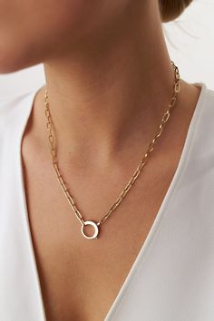 Beautiful and modern, paperclip chain with a charm holder lock mechanism. ★ Necklace Features• Gold Kt: 14Kt Solid Gold (stamped for authenticity)• Available Gold Colors: Yellow Gold, Rose Gold• Approximate Total Weight For 18 Inches: 8.0 grams • Center Lock Diameter: 15.0 mm / 0.6 Inches• Chain Link Dimensions: 8.5 mm by 4.25 mm Diamond Stacking Rings Engagement, Charm Holder Necklace, Diamond Huggies, Rose Gold Charms, Charm Holder, Lock Necklace, Gold Charm Necklace, Gold Colors, Diamond Chain