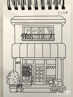 a drawing of a store front with black and white lines on it's side