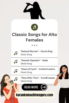 two women singing into microphones in front of a sign that says classic songs for alto females