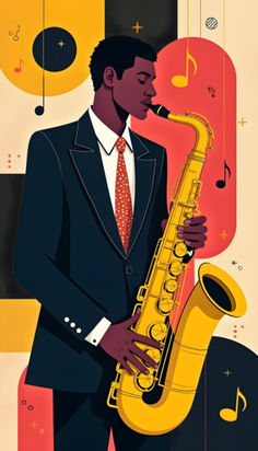 a man in a suit and tie playing a saxophone