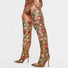 Item will take 2-4 weeks to arrive Oatterned Heel Tall Boots, Luxury Western Knee-high Boots, Gold Fitted High Heel Knee-high Boots, Western High Heel Knee-high Boots, Fabric Boots, Bodysuit Jumpsuit, Bodysuit Tops, Waist Trainer Corset, Brown Snake Print Ankle-high Boots