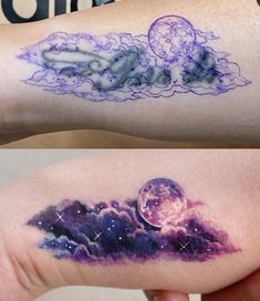 two different tattoos on one arm and the other with an image of planets in them