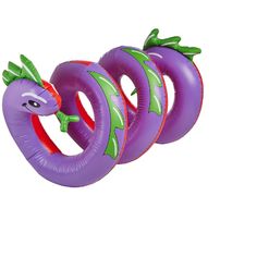 three purple inflatable toys with green leaves on them