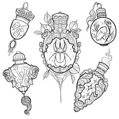 an image of some ornaments that are in the shape of a face and two vases