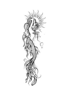 Mermaid And Sun Tattoo, Mermaid Spine Tattoo, Ocean Tattoos For Women, M Tattoos, Black Cat Tattoos, Ocean Tattoos, Theme Tattoo