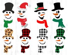 four snowmen with hats, scarfs and scarves