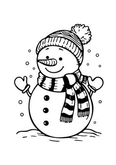 a black and white drawing of a snowman wearing a hat, scarf and mittens