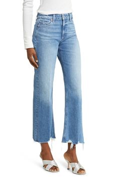 A hint of stretch lends day-one comfort to these wide-leg, raw-hem jeans that have been faded and whiskered to perfection. 28" inseam; 20" leg opening; 10 3/4" front rise; 15" back rise (size 29) Zip fly with button closure Five-pocket style 99% organic cotton, 1% elastane Machine wash, tumble dry Imported Chic Mid-rise Faded Flare Jeans, Chic Wide Leg Faded Bottoms, Chic Faded Wide Leg Bottoms, Wide Leg Cropped Jeans With Frayed Hem For Fall, Fall Wide Leg Cropped Jeans With Frayed Hem, Faded Cropped Leg Flare Jeans For Fall, Chic Wide Leg Faded Jeans, Faded Cropped Leg Flare Jeans, Faded Wide Leg Cropped Jeans For Spring