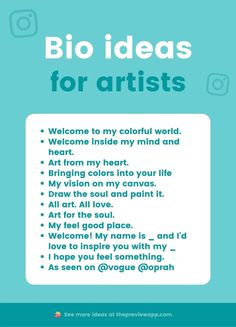 a poster with the words bio ideas for artists