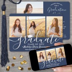 graduation announcement card with three photos and tassels