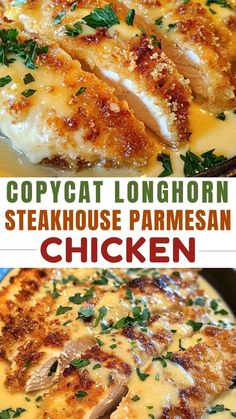 two pictures of chicken covered in cheese and parmesan sauce with the words copycat longhorn steakhouse parmesan chicken