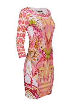 Grab this light and bright frock from Roberto Cavalli for some soft dressing at your next special occasion! Made with a printed material, this is a fitted dress that is going to hug your curves and add some classic style. Size 4 (EU 40) 100% Viscose, Made in Italy Sheath silhouette Rounded neckline Cropped sleeves No closures Waist 26" Bust 30" Total length 37.5" Stretch Mini Dress With Floral Print, Summer Bodycon Floral Print Dress, Summer Bodycon Dress With Floral Print, Summer Knee-length Bodycon Dress With Fitted Bodice, Long Sleeve Vibrant Print Summer Dress, Fitted Printed Mini Dress For Summer, Fitted Printed Bodycon Dress For Summer, Fitted Printed Summer Bodycon Dress, Feminine Summer Bodycon Dress With Fitted Bodice