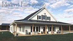 the modern farmhouse house is built in white with black shutters and an open porch