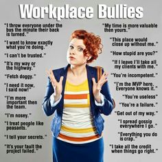 a woman standing in front of a poster with her hands up and the words workplace bullies written on it