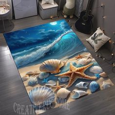 seashells and starfish on the beach with moonlight sky rug by creative flooring