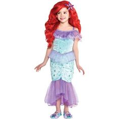 The Little Mermaid Child Ariel Costume includes:  Dress  More on The Little Mermaid Child Ariel Costume: Make a splash with this adorable Ariel Costume for kids! The purple and teal dress is printed with glitter shells and swirl details. It flares out at the bottom into a mermaid shape with layers of purple mesh that match the purple peplum waist. In the middle of the chest is a cameo with a picture of Ariel at the center. Halloween will go absolutely swimmingly when your child is dressed in thi Costumes Disney Princess, Ariel Halloween, Purple Princess Dress, Ariel Halloween Costume, Ariel Costume, Ariel Costumes, Little Mermaid Costume, Disney Princess Costumes, Costume Disney