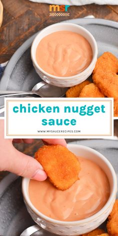 the chicken nugget sauce is being dipped into tater tots