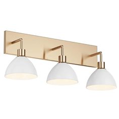 three light bathroom fixture with gold finish and white glass globe shades on the bottom half