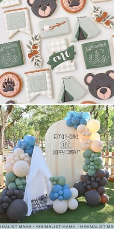 an outdoor birthday party with balloons and teddy bears on the wall, bear themed decorations