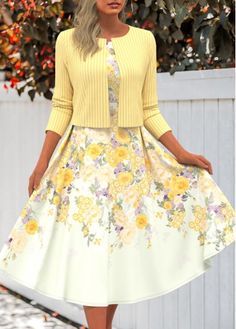 Color:Light Yellow;Size:S;Size:M;Size:L;Size:XL;Size:XXL;Package Contents:1 X Dress , 1 X Cardigan;Occasion:Other;Style:Casual; Yellow Color Outfits, Dress With Cardigan Formal, Floral Dress With Cardigan, Light Yellow Dress, Cloth Styles, Light Yellow Dresses, Fashion For Over 50, Women Dresses Casual, Dress And Cardigan