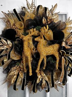 Black And Gold Christmas Decor, Velvet Ornaments, Black Reindeer, Elegant Christmas Wreath, Christmas 2025, Gold Reindeer, Gold Christmas Decorations, Blue Wreath, Gold Feathers