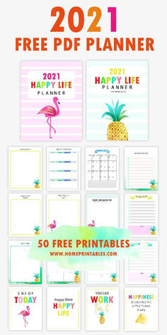 the free printable planner for 2021 is shown with pineapples and flamingos