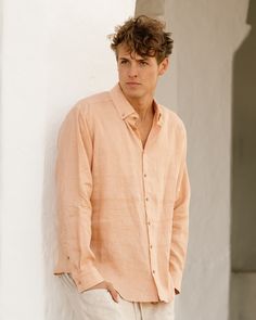 Men's linen shirt NEVADA in peach - MagicLinen Spring Linen Shirt With Button Closure, Unstructured Business Casual Shirt For Summer, Unstructured Shirt For Business Casual Summer, Spring Linen Button-up Shirt, Collared Linen Shirt For Spring, Spring Linen Collared Shirt, Classic Orange Summer Shirt, Linen Shirt For Business Casual In Summer, Business Casual Linen Shirt For Spring