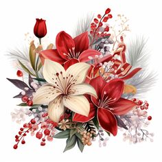 a bouquet of flowers with red and white lilies, berries and feathers on a white background