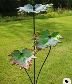 two glass flowers on top of a metal pole in the middle of a grass field