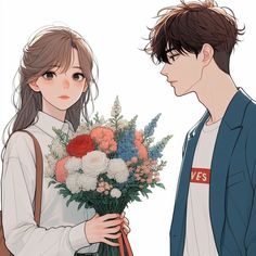 a man and woman holding flowers in their hands