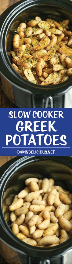 slow cooker greek potatoes in the crock pot with text overlay that says slow cooker greek potatoes