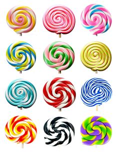 different colored lollipops are shown in this image, with the same color and size