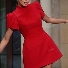 Super Cute And Stylish Ships In 5-10 Business Days Red Solid Mini Dress For Party, Red Solid Knee-length Mini Dress, Elegant Red Stretch Mini Dress, Red High Neck Stretch Dress, Red Stretch High Neck Dress, Elegant High Neck Solid Color Dresses, Red High Neck Mini Dress For Party, Fitted Red Mini Dress With Short Sleeves, Red Fitted Mini Dress With Short Sleeves