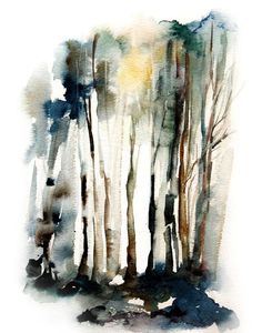 watercolor painting of trees in the woods